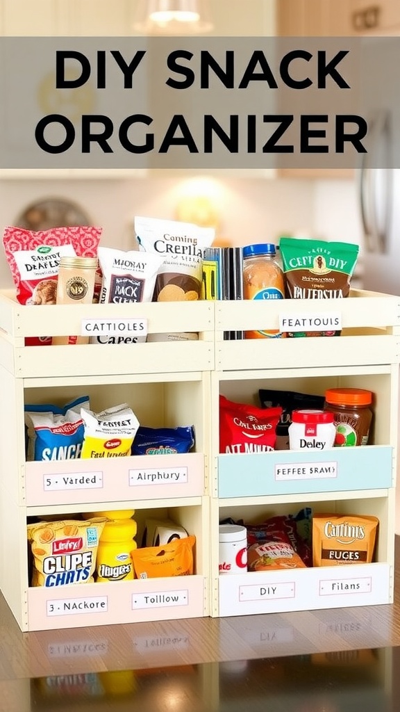 An organized snack area with colorful wooden crates filled with snacks in a cozy kitchen.